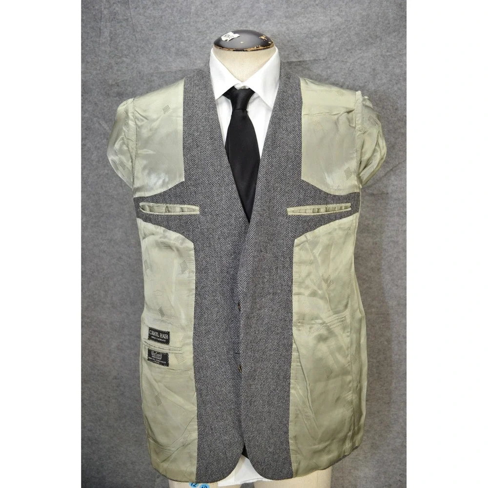 VTG Lanvin Blazer Mens 42 Gray Herringbone Scotland Camel Hair 90s Sport Coat‎